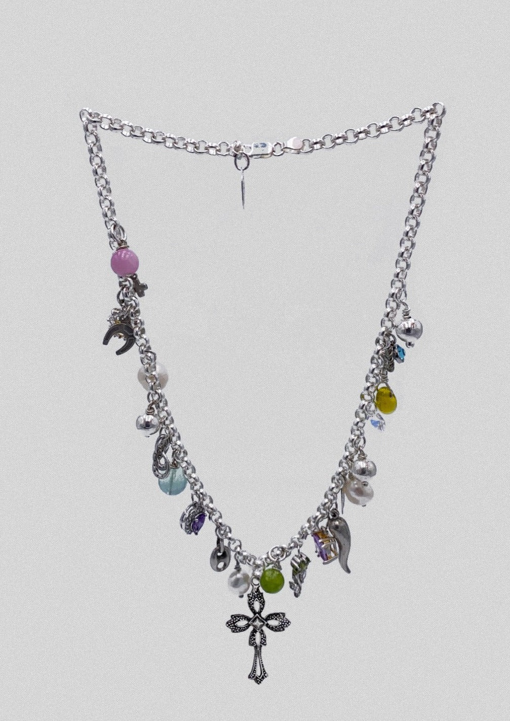 Collier - argent massif, cristaux, perles et pendentifs argent