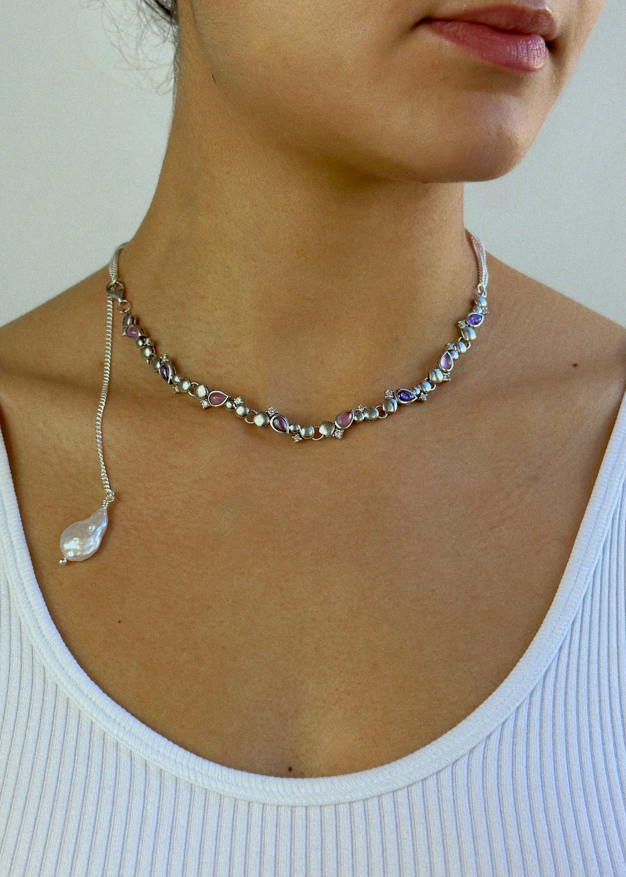 Collier - argent massif, cristaux rose et violet