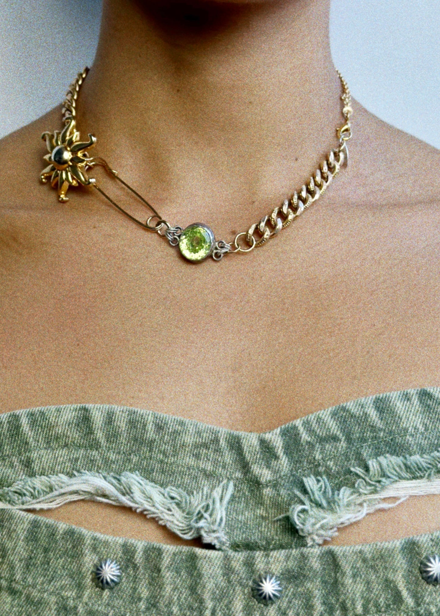 Necklace - antique gold plated & green crystal