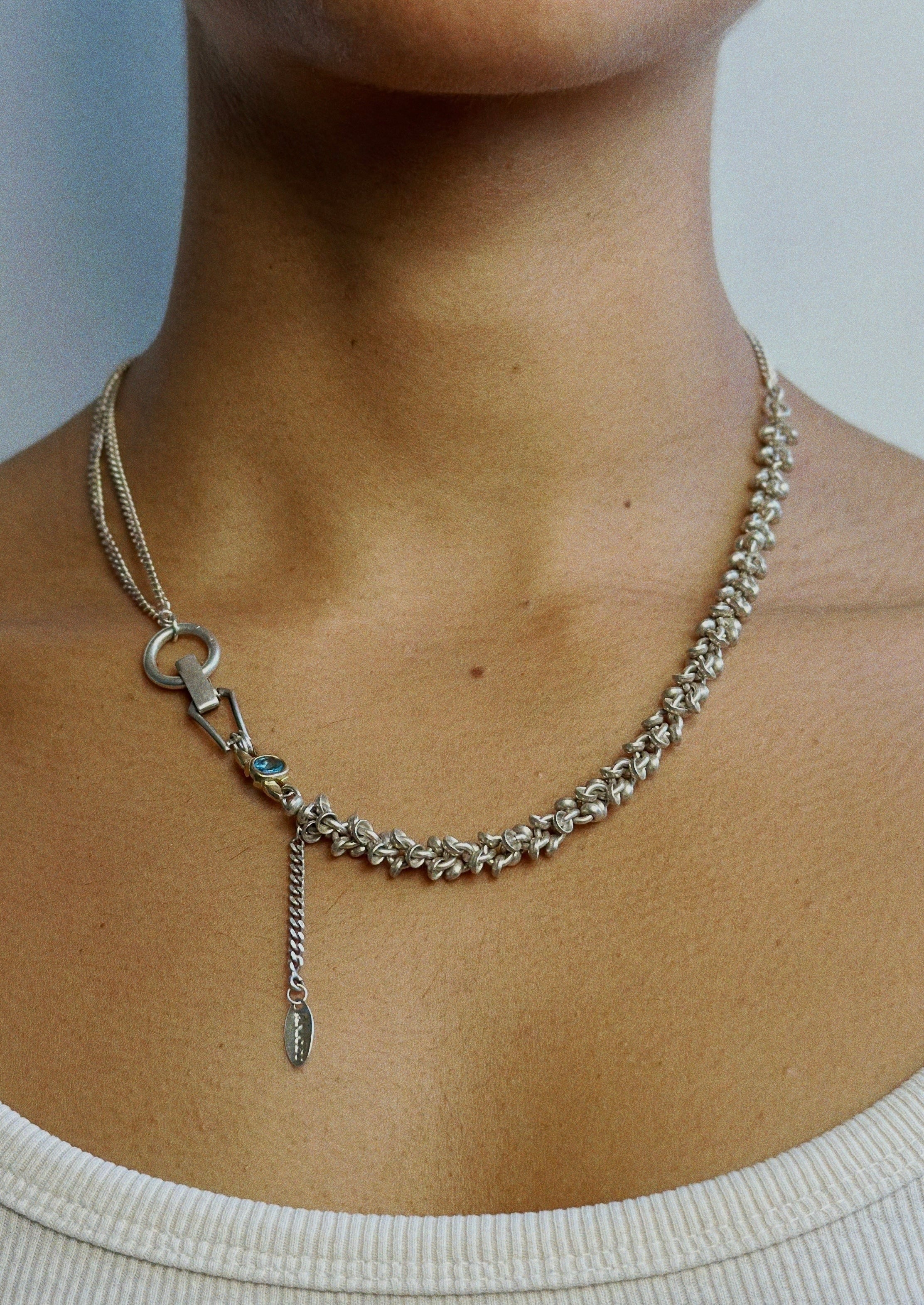 Collier - Argent massif maille épi de blé et pierre fine