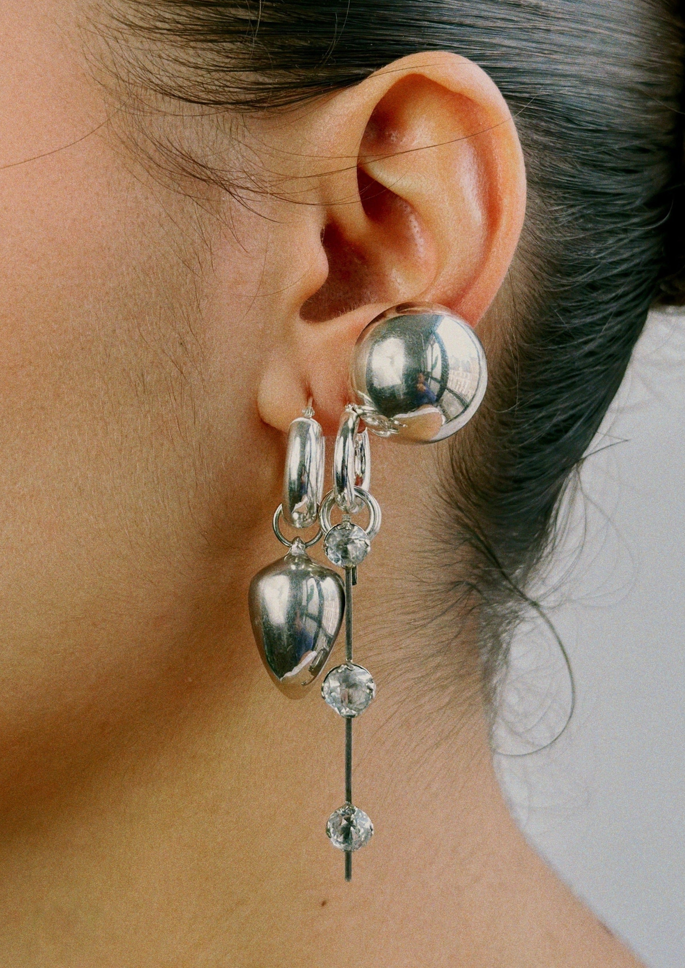 Boucle d'oreille - créole avec pendentif argent et puce d'oreille dôme