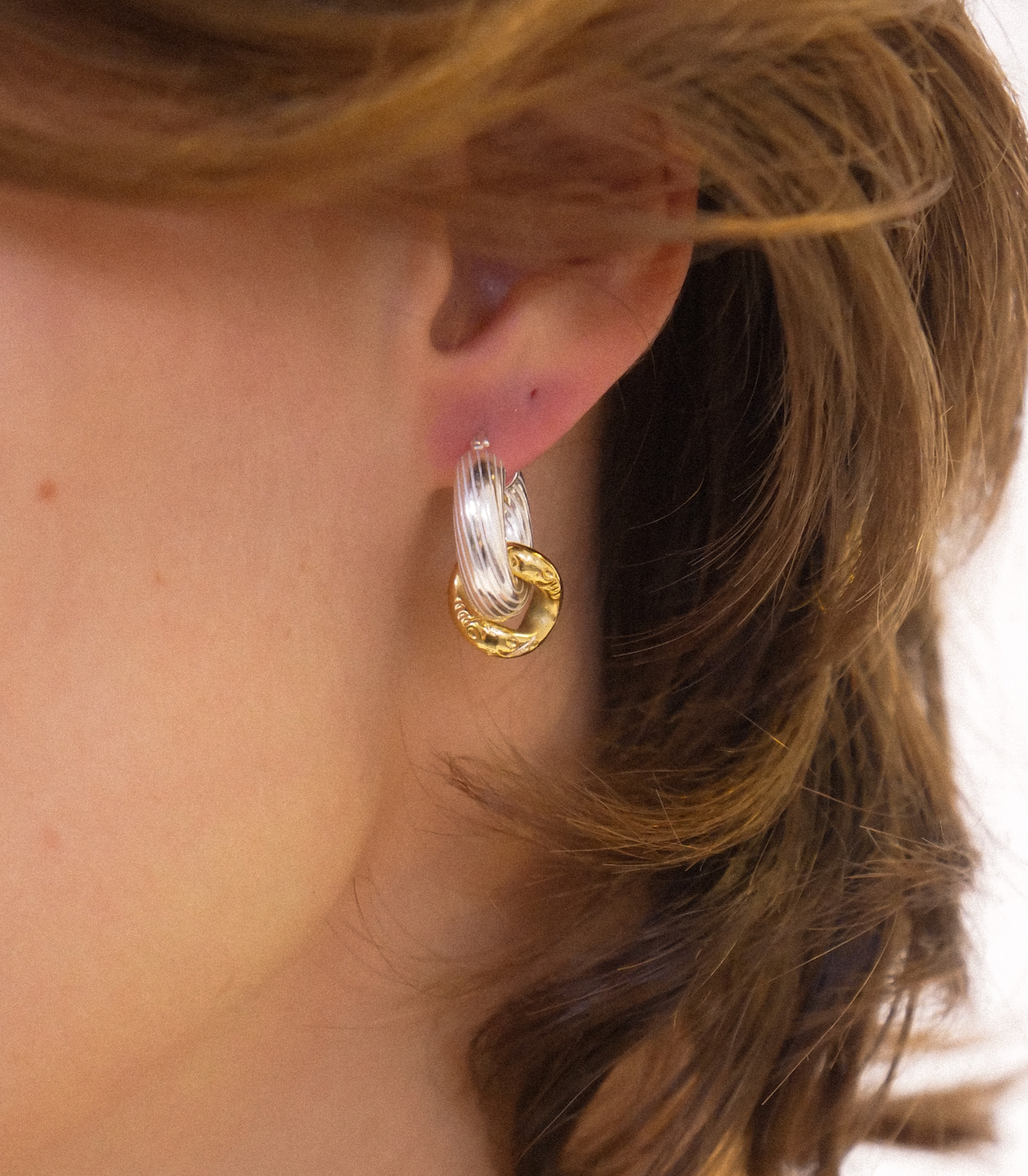 Earrings - Silver hoops, antique gold plated link