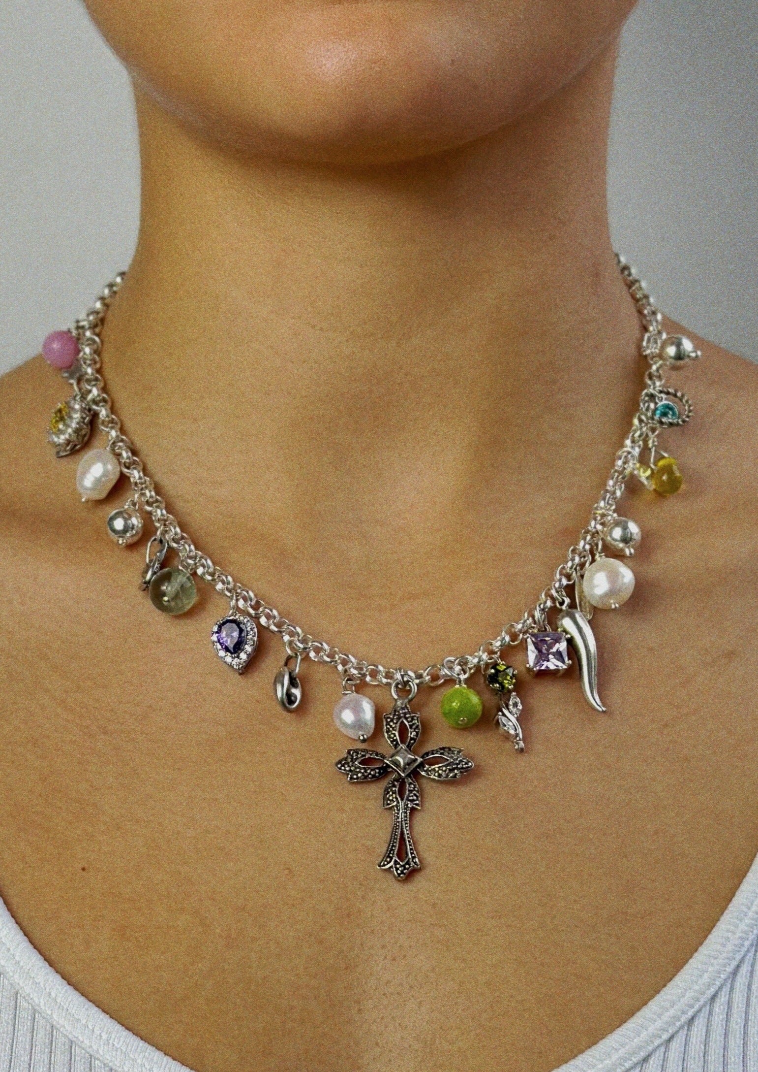 Collier - argent massif, cristaux, perles et pendentifs argent