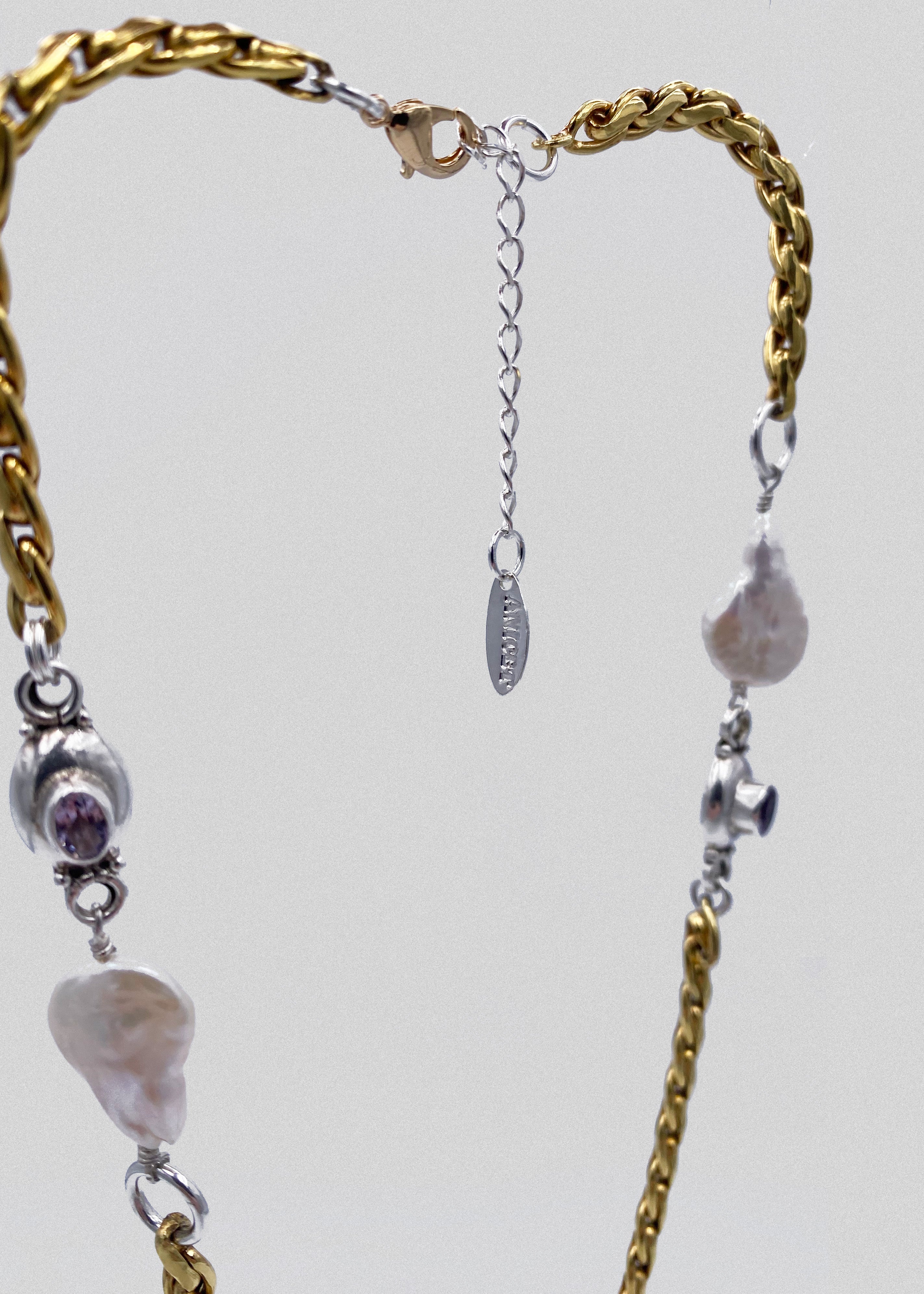 Collier unique - plaqué or ancien, améthyste, argent massif, perles baroques