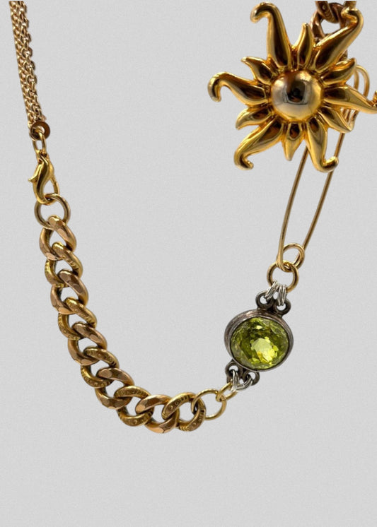 Collier - plaqué or ancien & cristal vert