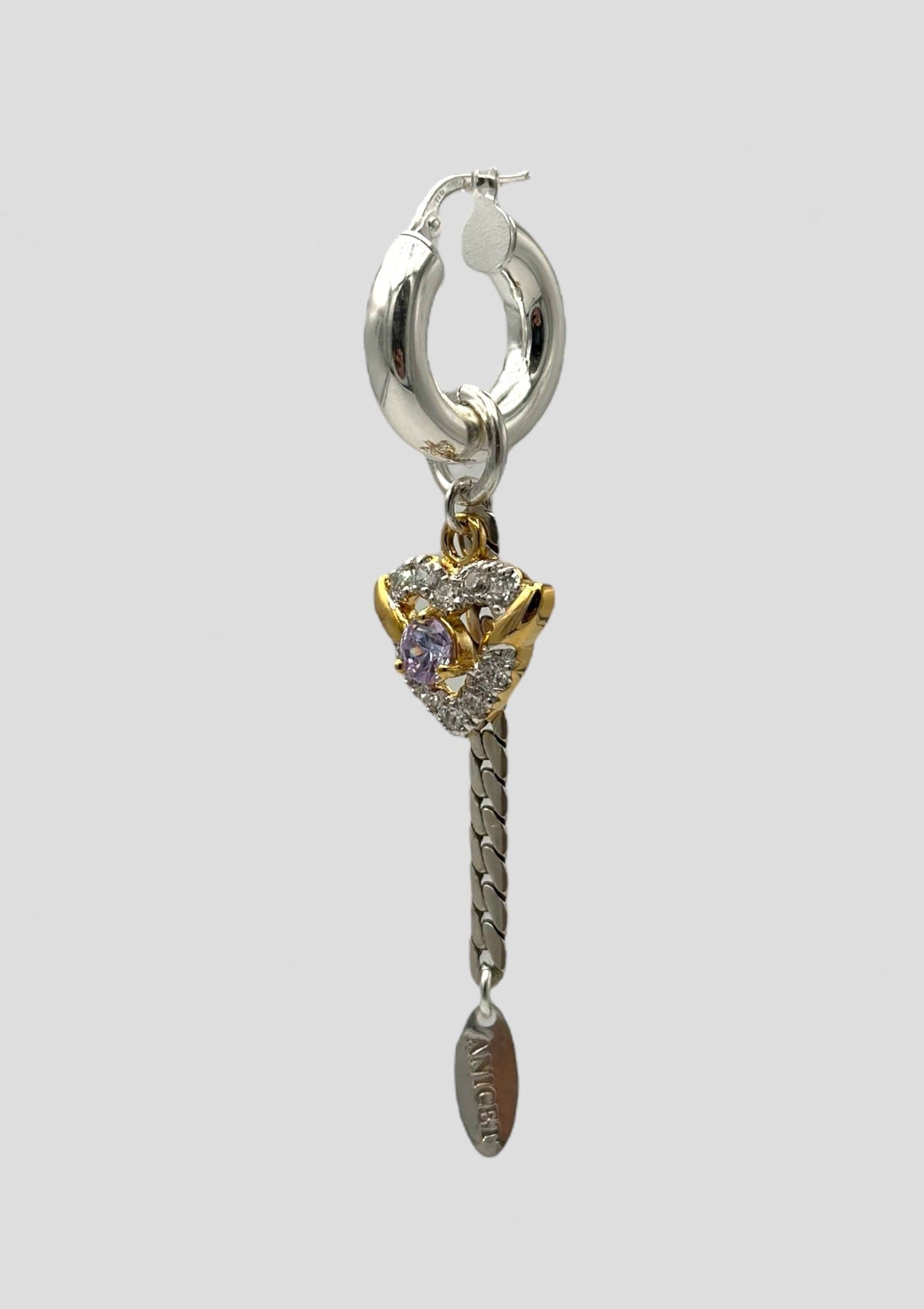 Mono boucle créole argent, chaine vintage, pendentif plaqué or et cristal