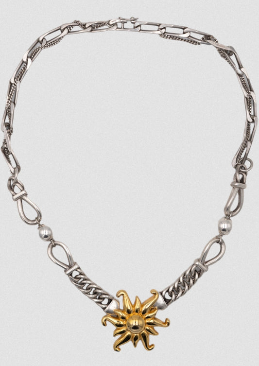 Collier - Mailles argent massif et boules en argent, soleil or