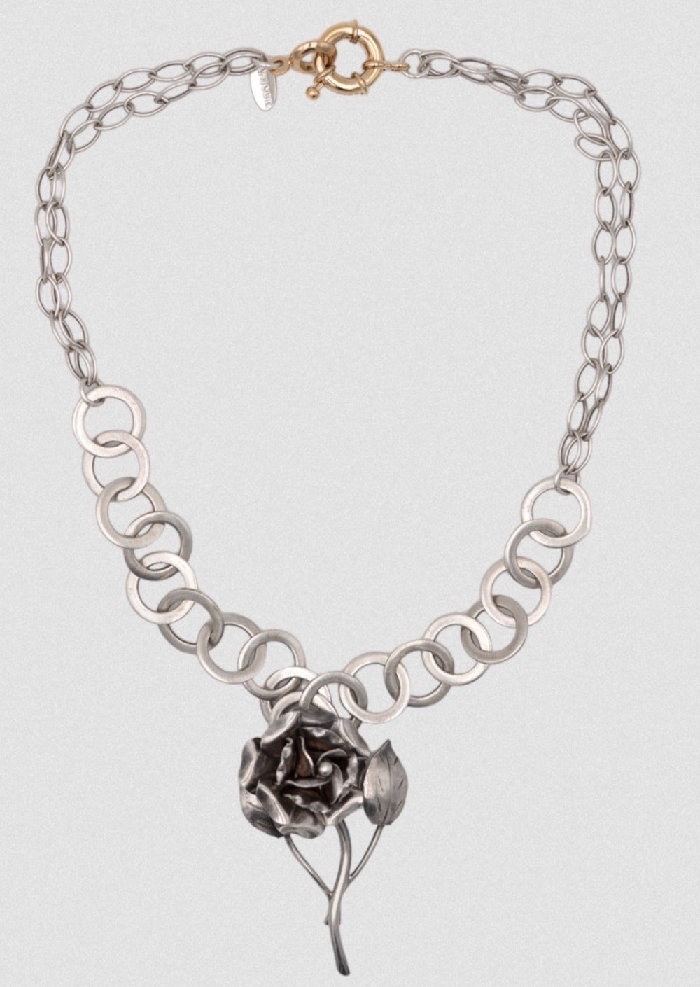 Collier - Mailles argent et grande rose en argent massif