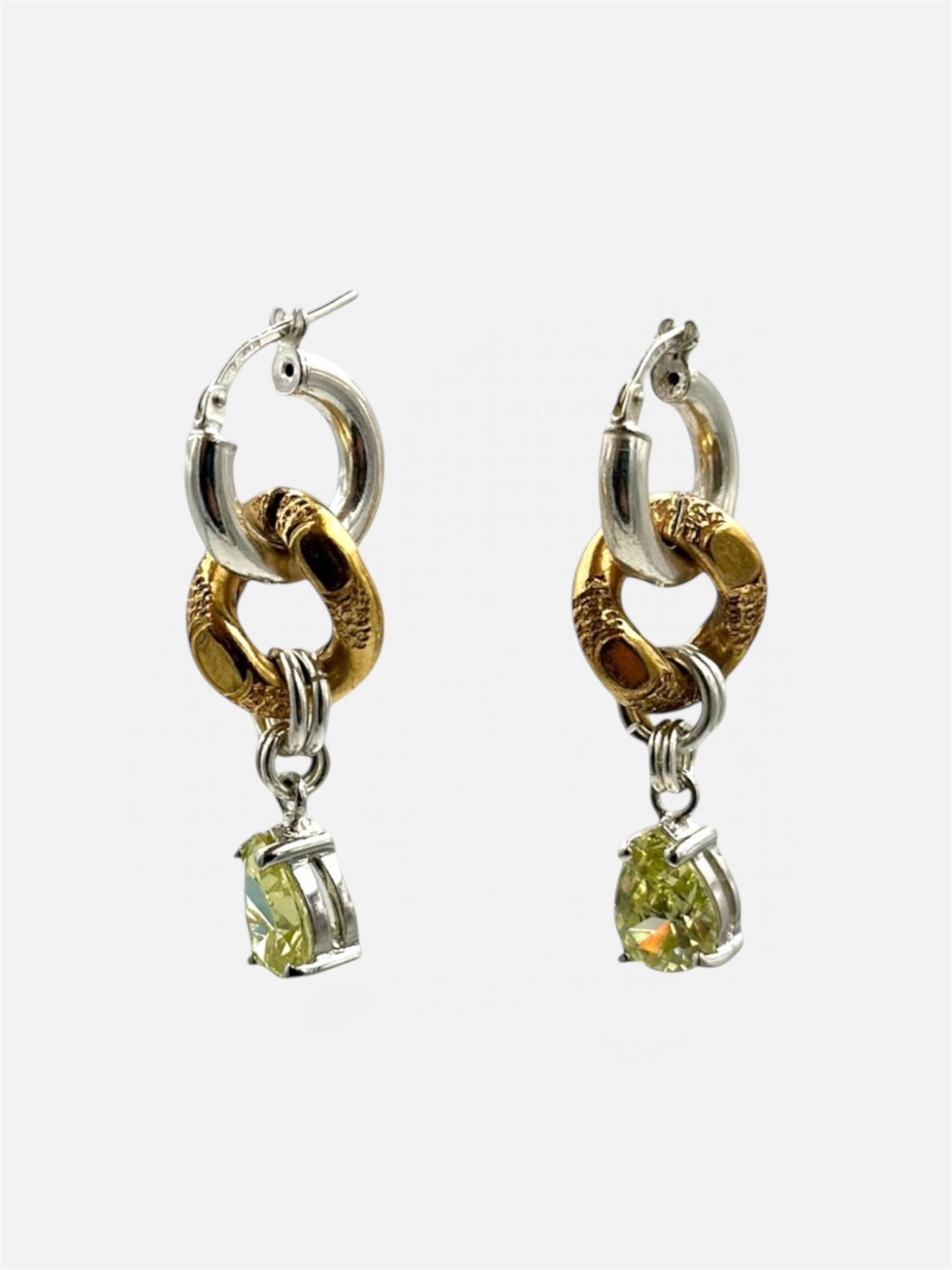 Asymmetrical earrings - Composition in silver &amp; green Swarovski crystals