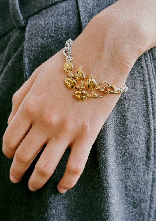 Bracelet - solid silver, old gold plated flower brooch