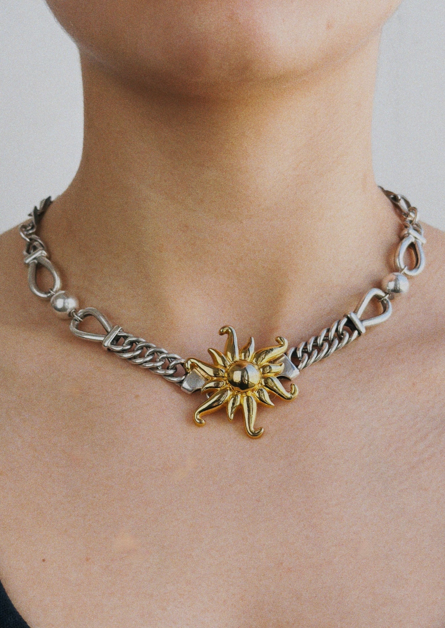 Necklace - Solid silver links and silver balls, gold sun